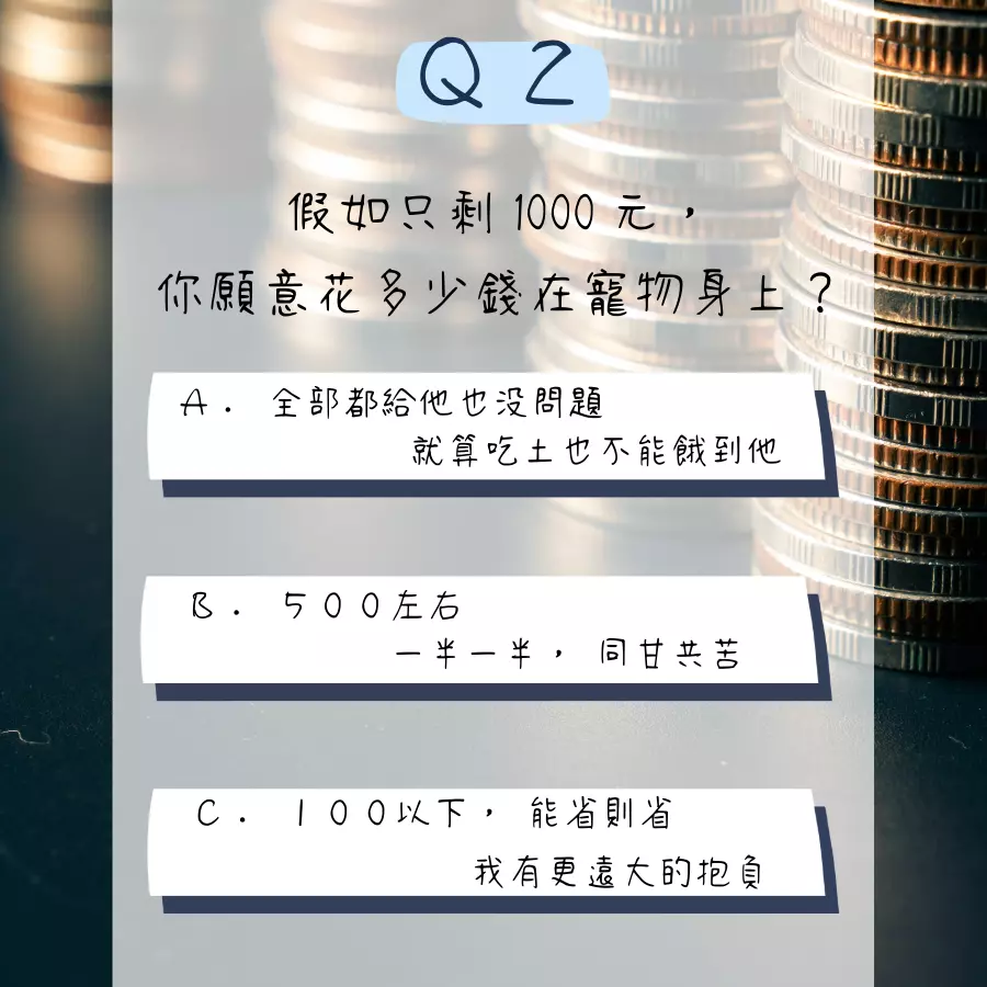 我適合養什麼寵物心理測驗。假如只剩1000元，你願意花多少錢在寵物身上？問題選項