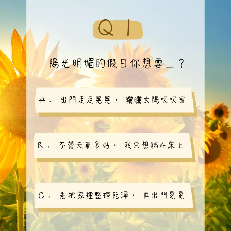 我適合養什麼寵物心理測驗。陽光明媚的假日，你想要＿？題目選項