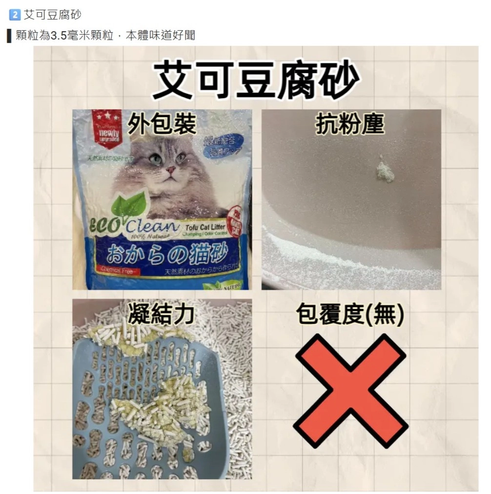 Dcard上某網友使用 艾可豆腐貓砂的經驗談